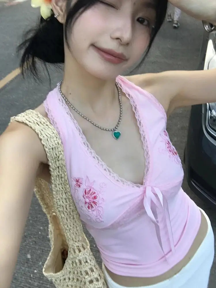 Chic Dollette  Fairycore Tank Tops Women Lace Print Graphic Tops Sleeveless Japanese 2000s Camis E-girls Streetwear Halter Tops