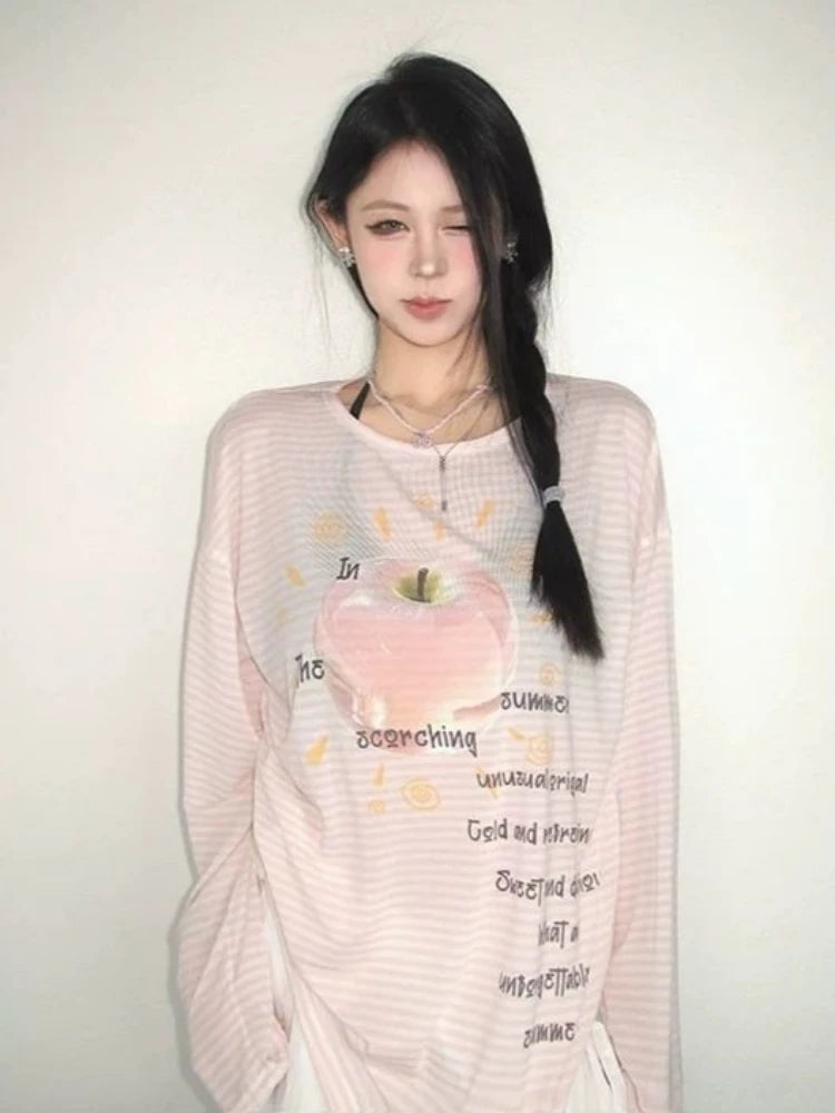 Chic Dollette Sun Protection Casual T-Shirts Women Striped Letter Printing Tshirt 2026 Summer Harajuku Grunge Oversized T-shirt