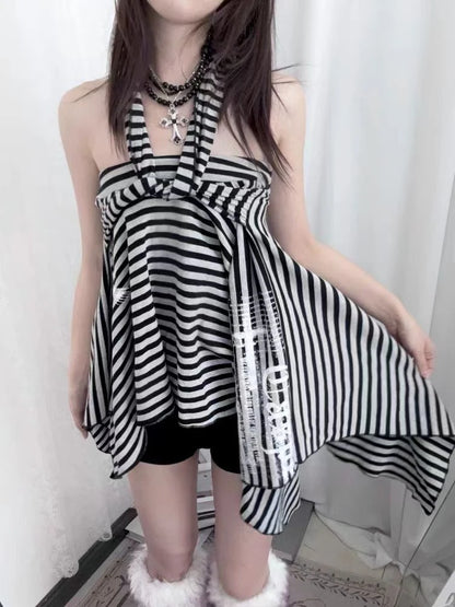 Jupe asymétrique rayée Chic Dollette Gothic deux usages pour femme, lacets, vintage, été 2025, taille haute, mini-jupe pour femme