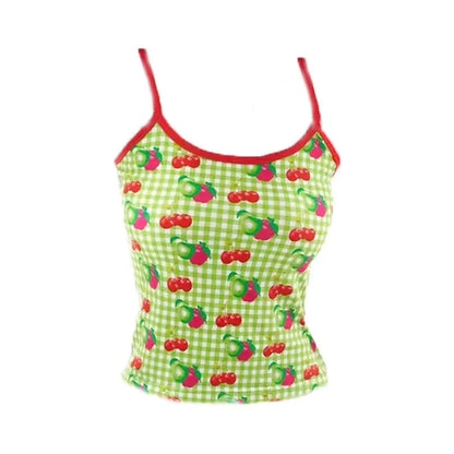 Schickes Dollette Harajuku Tanktop Ärmelloses bedrucktes Patchwork Neckholder Crop Top Vintage Top Streetwear 2000er Japanischer Sommer