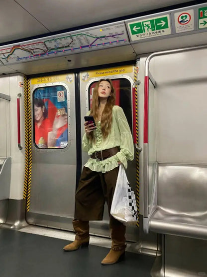 Chemisier Vert Chic Dollette Streetwear Vêtements Manches Longues Mode Coréenne Chemise Transparente Élégant Décontracté Vêtements d'Extérieur