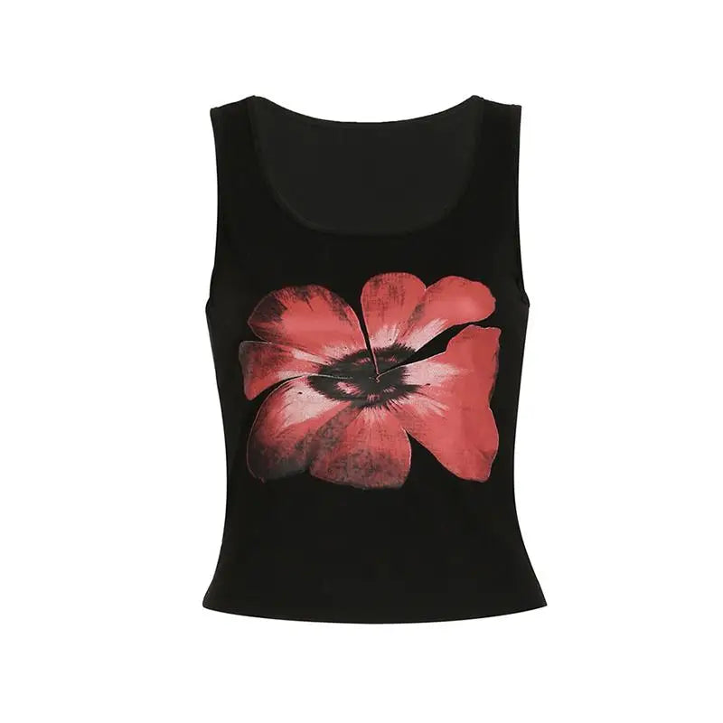 Chic Dollette Print Tanktop Blumen Ärmellos T-Shirt Streetwear Vintage Grunge Crop Top 2000er Jahre Japanisches Westen-Top