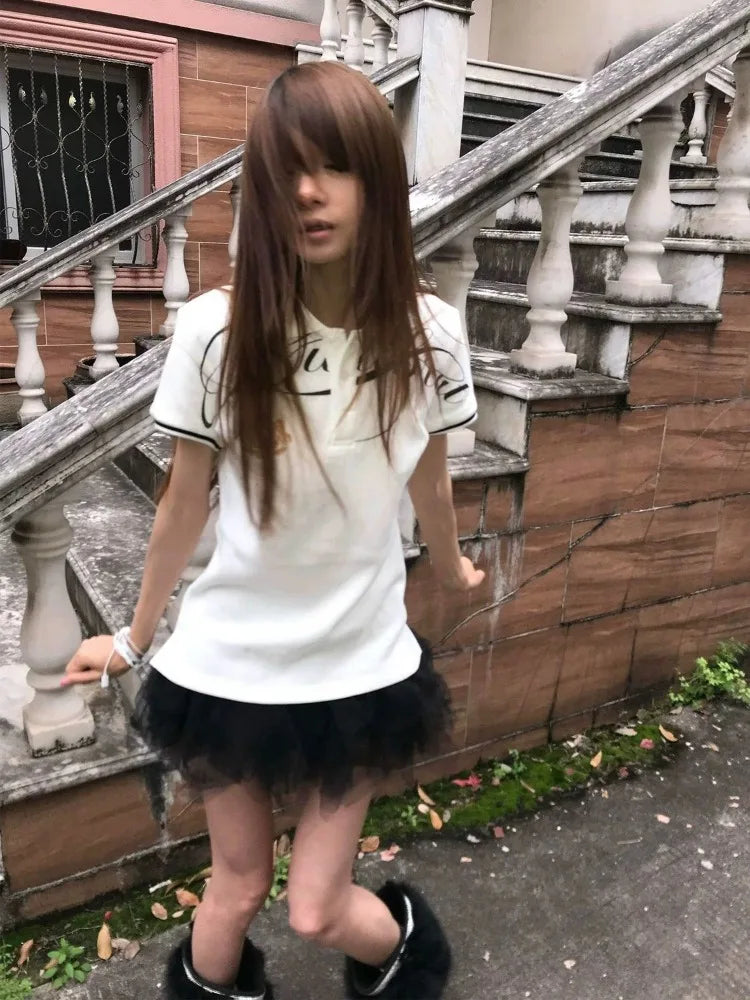 Chic Dollette T Shirts Women Vintage Turn Down Collar Embroidery Short Sleeve Fashion Y2k Aesthetic Harajuku Tops Grunge Gothic