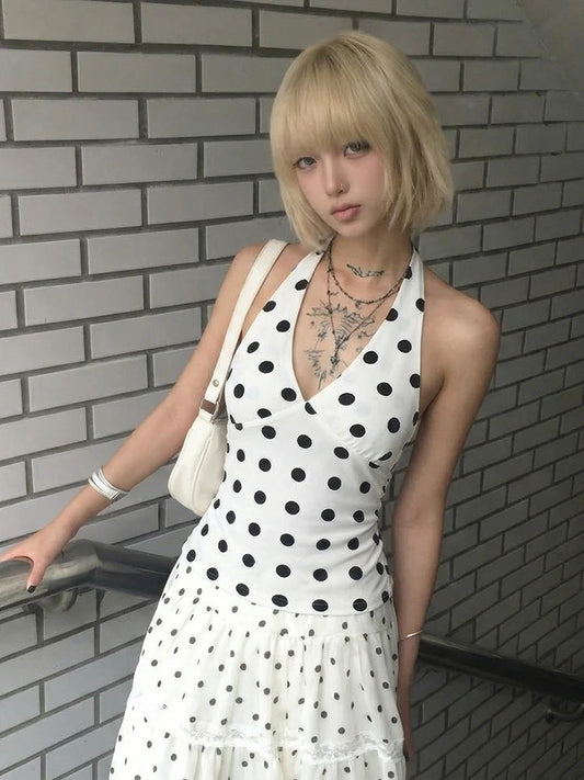 Caraco Chic Dollette Été Sexy Dos Nu à Pois Vintage Fairycore Années 2000 Élégant Col Halter E-girls