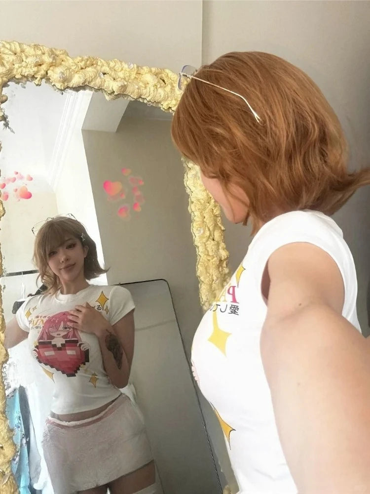 Chic Dollette Grunge Tee Y2k Aesthetic Kawaii Cute Casual Vintage T-shirt Summer Harajuku Women Slim Fit Tshirts