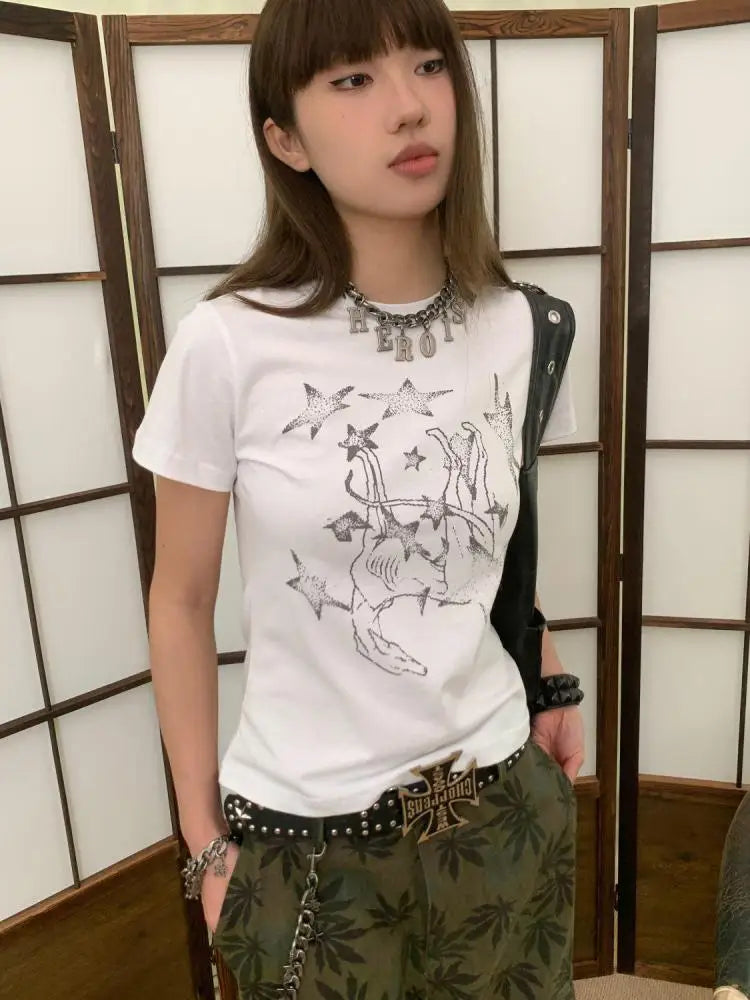 Chic Dollette Amerikanischer Retro-Print Grafik-T-Shirts Damen Kleidung Kurzarm 2000er Kleidung Koreanische Mode T-Shirts Frauen Kleidung