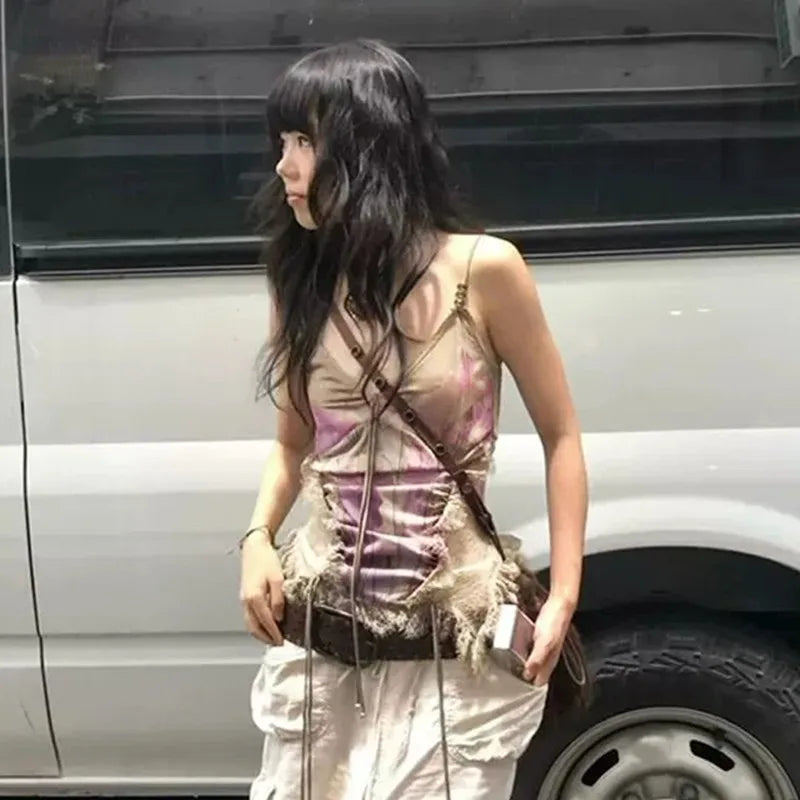 Schickes Dollette Gothic Tanktop Ärmellos Tie Dye Vintage Crop Top Streetwear 2000er Japanisches Schnürcamisol E-Girls Sommer