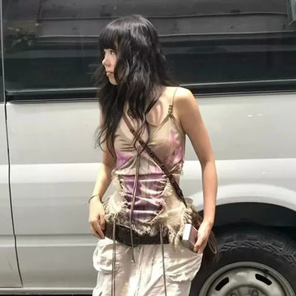 Schickes Dollette Gothic Tanktop Ärmellos Tie Dye Vintage Crop Top Streetwear 2000er Japanisches Schnürcamisol E-Girls Sommer