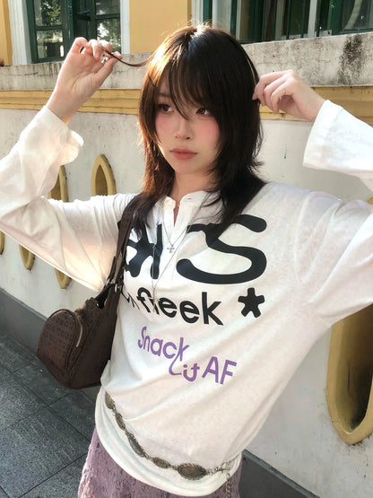 Schickes Dollette Harajuku Print T-Shirt Langarm Lässiges Oberteil Vintage Grunge Top Japanische 2000er Streetwear T-Shirts
