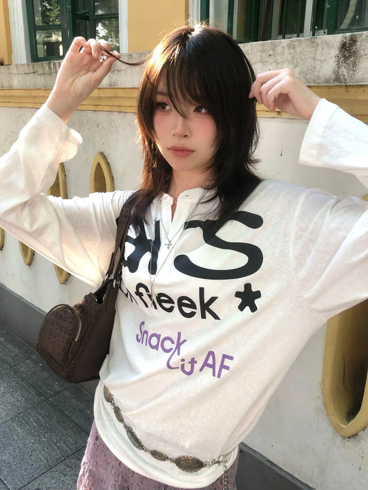 T-shirt imprimé Harajuku chic Dollette, manches longues, coupe ample, décontracté, style vintage grunge, streetwear japonais années 2000