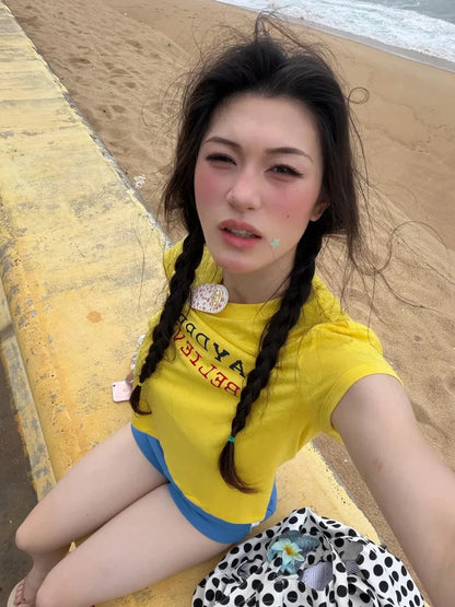 Chic Dollette Slim Yellow Crop Tops Short Sleeve Japanses 2000s Y2k Vintage Tops Streetwear