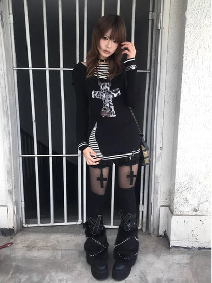 Schickes Dollette Gothic Vintage T-Shirt Patchwork Fake Two Pieces Top Streetwear Japanisches T-Shirt Oberteil 2000er T-Shirts