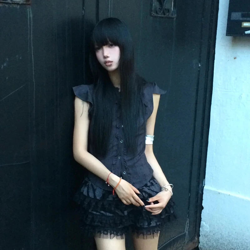 Chic Dollette Y2k Vintage Shirt Women Ruffled Sleeveless Blouse And Shirt 2000s Japanese Grunge Tops American Retro Tank Tops E-girls