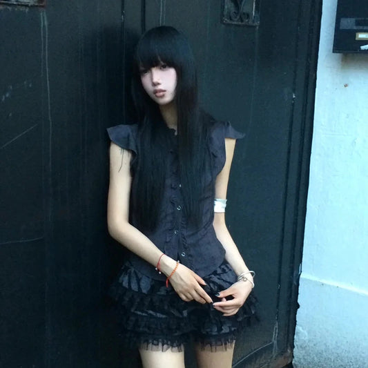 Chic Dollette Y2k Vintage Shirt Women Ruffled Sleeveless Blouse And Shirt 2000s Japanese Grunge Tops American Retro Tank Tops E-girls