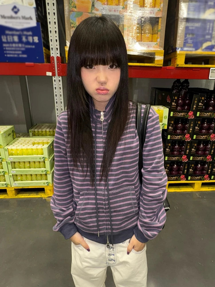 Cardigan rayé zippé à manches longues Chic Dollette Style japonais Streetwear Grunge Top E-girls Kawaii