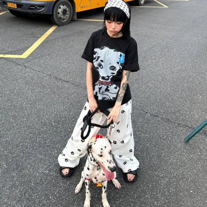 Chic Dollette Streetwear Lässiges Top Print Hunde T-Shirt Loose O-Ausschnitt Kurzarm-T-Shirt 2000er Kleidung Koreanische Mode Damenbekleidung
