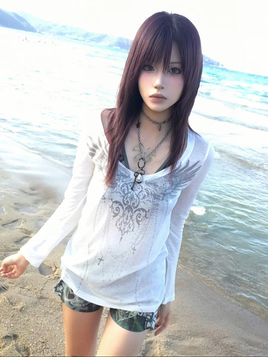 Chic Dollette  American Retro T Shirt Slim See Through Print Graphic Top  Japanese Grunge Top Streetwear Tee Top E-girls