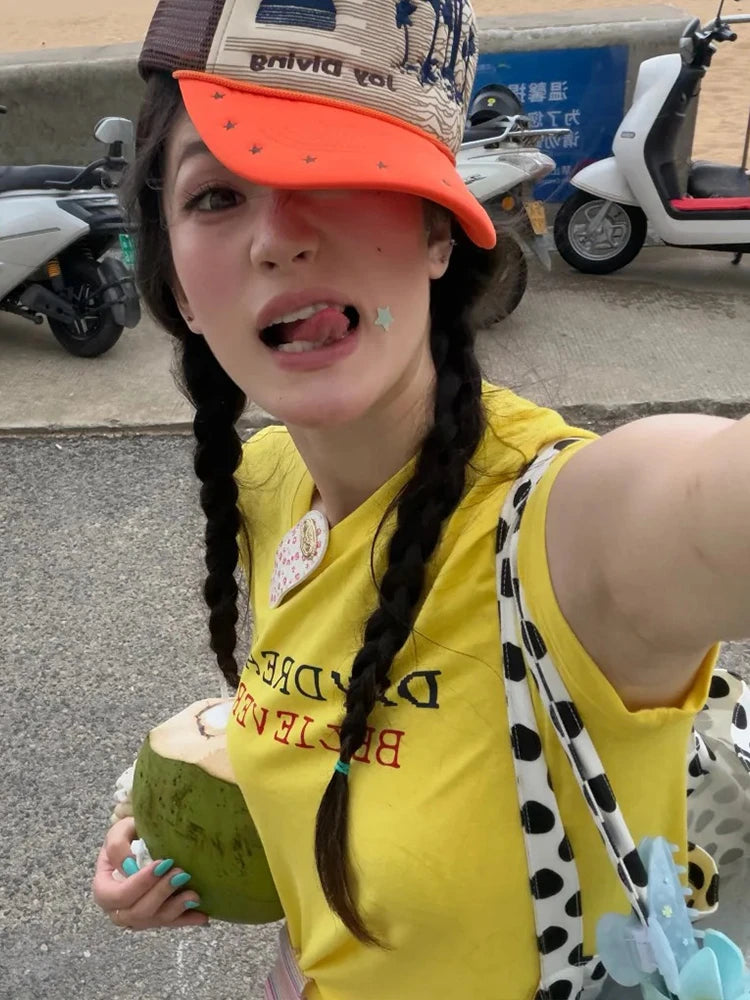 Chic Dollette Slim Yellow Crop Tops Short Sleeve Japanses 2000s Y2k Vintage Tops Streetwear