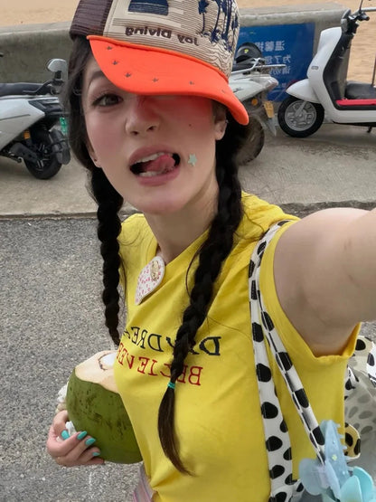 Chic Dollette Slim Yellow Crop Tops Short Sleeve Japanses 2000s Y2k Vintage Tops Streetwear