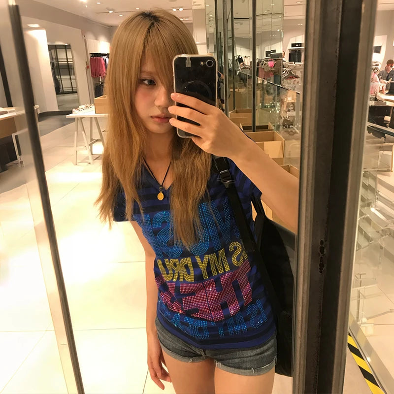 Chic Dollette Japanese Y2k Letter Print T-shirt Trashy 2000s Short Sleeve Striped Tops Vintage Harajuku V-neck T Shirt American Retro
