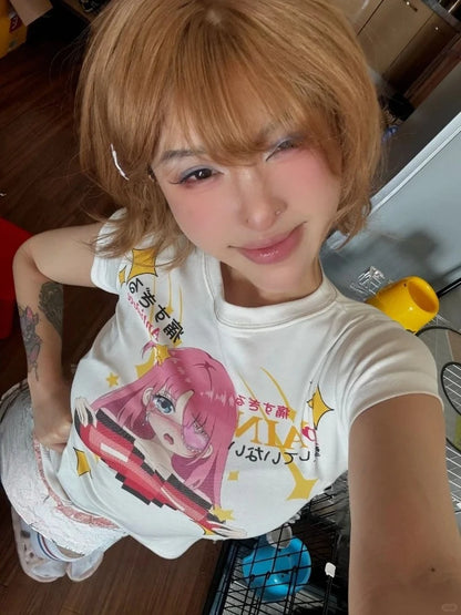 Chic Dollette Grunge Tee Y2k Aesthetic Kawaii Cute Casual Vintage T-shirt Summer Harajuku Women Slim Fit Tshirts