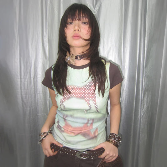 Chic Dollette Trashy Y2k Horse Print T-shirt Grunge Aesthetics Short Sleeve Patchwork Tops Vintage 2000s Streetwear American Retro 90s
