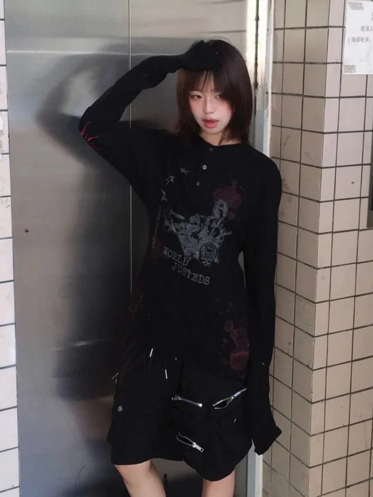 Chic Dollette Vintage Grunge Langarm Casual Loose T-Shirt Top Streetwear 2000er Japanisches T-Shirt Print Grafik-Top