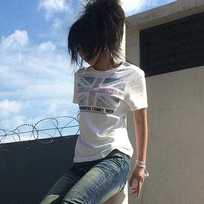 Chic Dollette British Print T-shirt Grunge Short Sleeve Diamond Tshirt