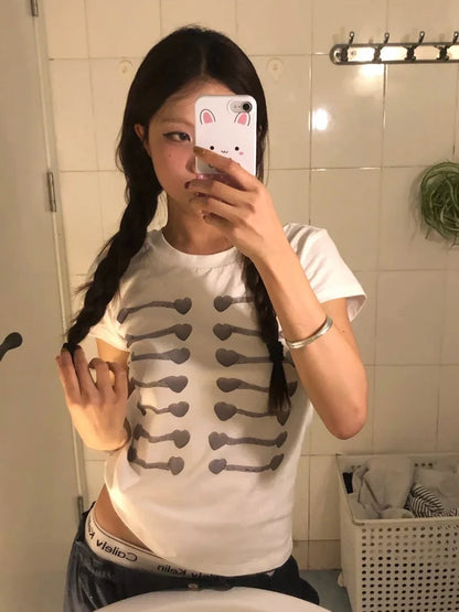 Tonngirl Y2k Print Button Graphic Tops Slim Short Sleeve T-shirt Women Japanese 2000s Vintage Tops American Retro Tee Tops White