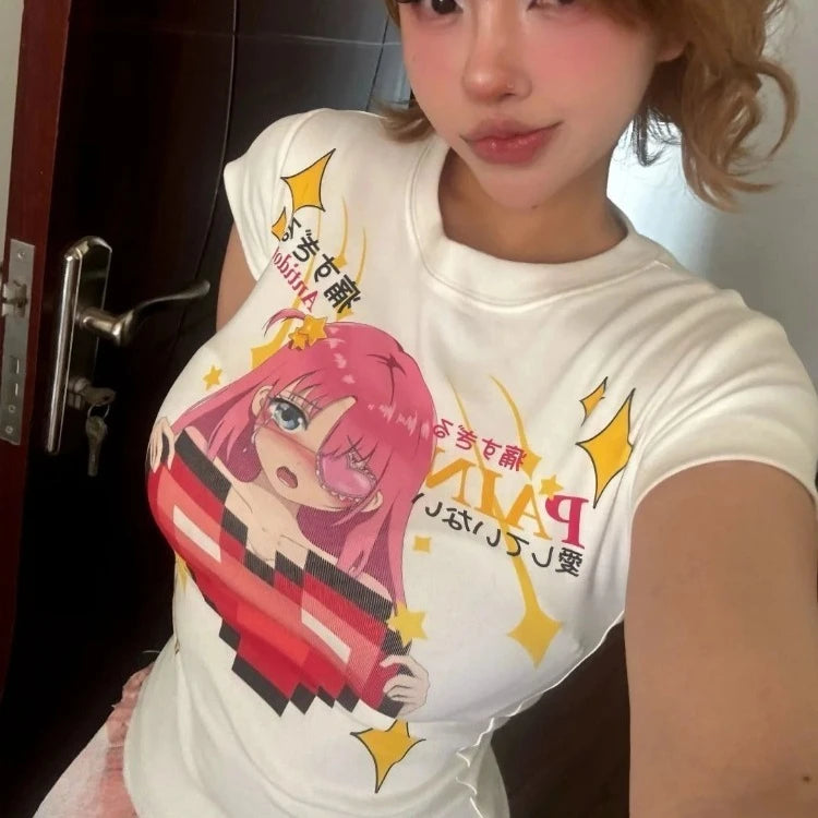 Chic Dollette Grunge Tee Y2k Aesthetic Kawaii Cute Casual Vintage T-shirt Summer Harajuku Women Slim Fit Tshirts