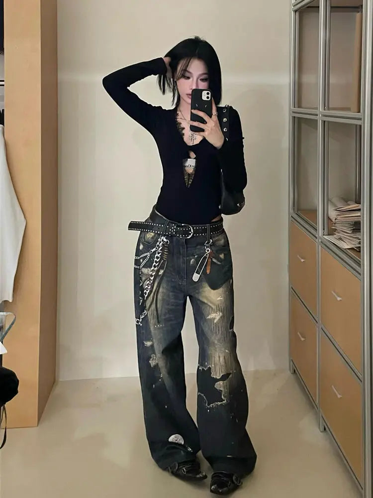 Schicker Dollette Gothic schwarzer hohler Body Strampler Jumpsuit Fashion einfarbige Spitze Langarm sexy Etui Skinny T-Shirt