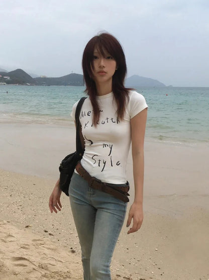 Chic Dollette Japanese 2000s T-shirt Women Short Sleeve Print Letter Tee Tops Slim White Y2k Vintage Tops American Retro T-shirts