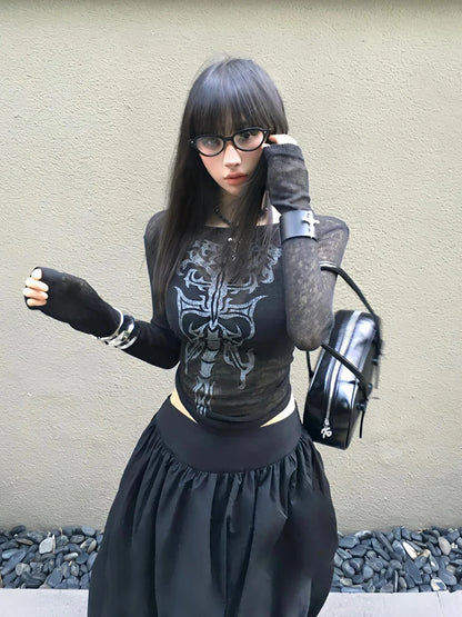 Schickes Dollette Schwarzes Transparentes Grafik-T-Shirt Kleidung Langärmlig Gothic Koreanische Mode 2000er Kleidung T-Shirts Damenbekleidung