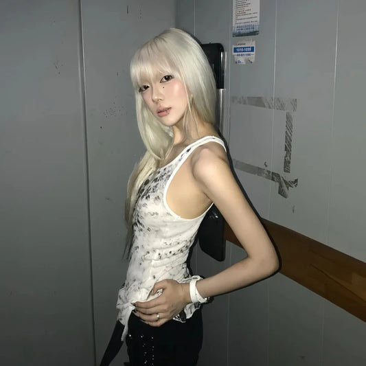 Haut court Chic Dollette imprimé vintage sans manches T-shirt Grunge japonais années 2000 Haut à bretelles Fairycore été