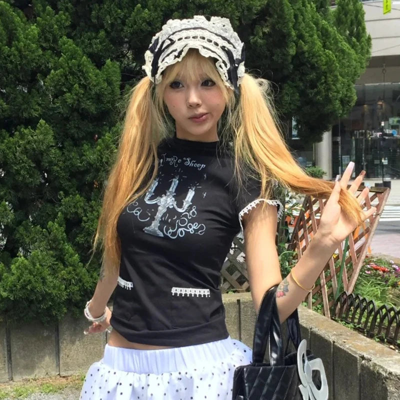 Chic Dollette Harajuku Vintage T-Shirt Rollkragen Print Crop Top Japanisches Grunge Top Gothic T-Shirts 2000er Tees