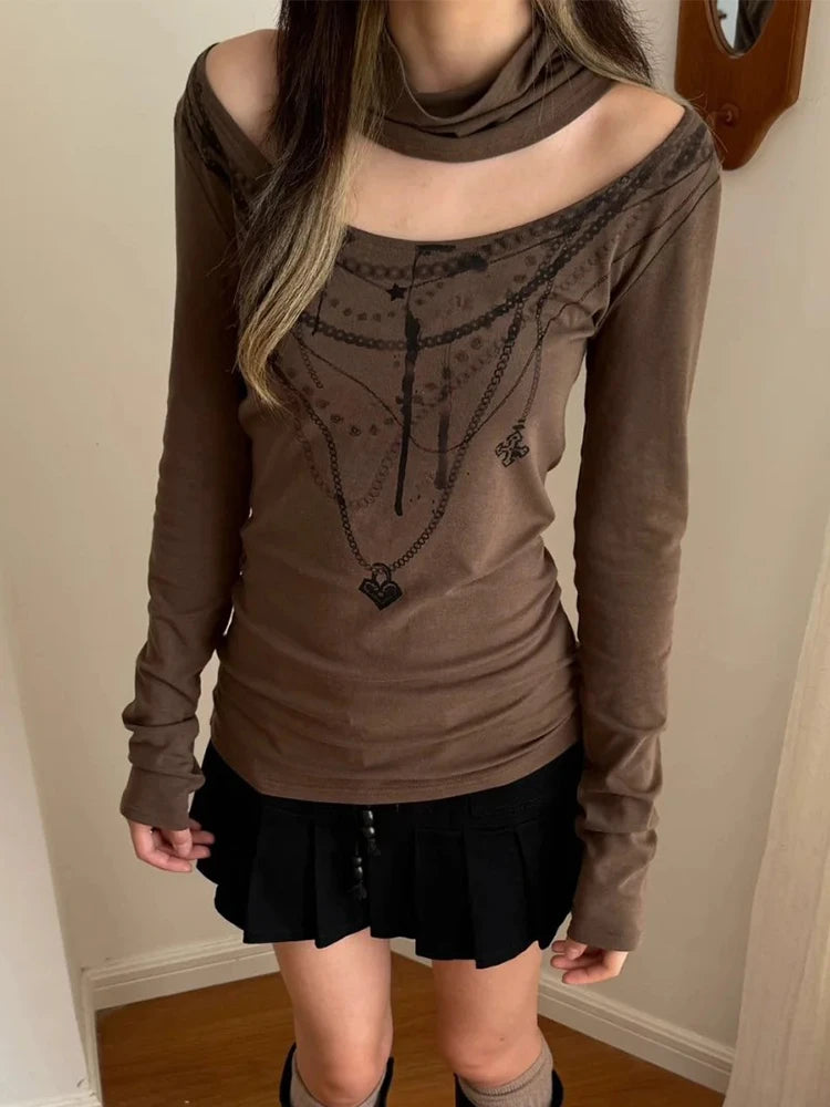 Chic Dollette Japanisches T-Shirt Aushöhlen Print Grafik Top Streetwear Amerikanische Retro T-Shirts Slim Grunge Top Tee 2000er