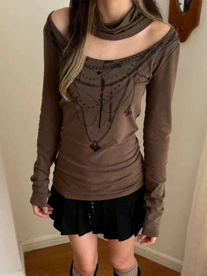 Chic Dollette Japanisches T-Shirt Aushöhlen Print Grafik Top Streetwear Amerikanische Retro T-Shirts Slim Grunge Top Tee 2000er