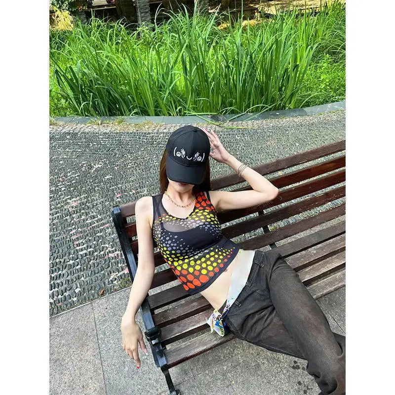 Haut à bretelles transparent chic style Dollette Streetwear, sans manches, sexy, pour l'été, mode des années 2000, pour les soirées chics.
