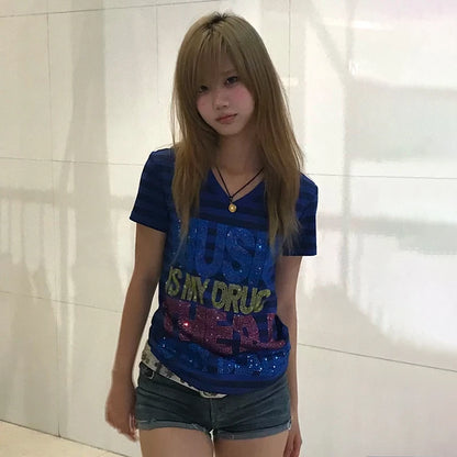 Chic Dollette Japanese Y2k Letter Print T-shirt Trashy 2000s Short Sleeve Striped Tops Vintage Harajuku V-neck T Shirt American Retro