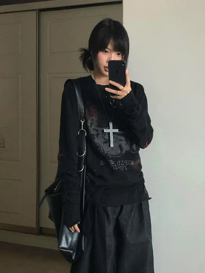 Chic Dollette Vintage Grunge Langarm Casual Loose T-Shirt Top Streetwear 2000er Japanisches T-Shirt Print Grafik-Top