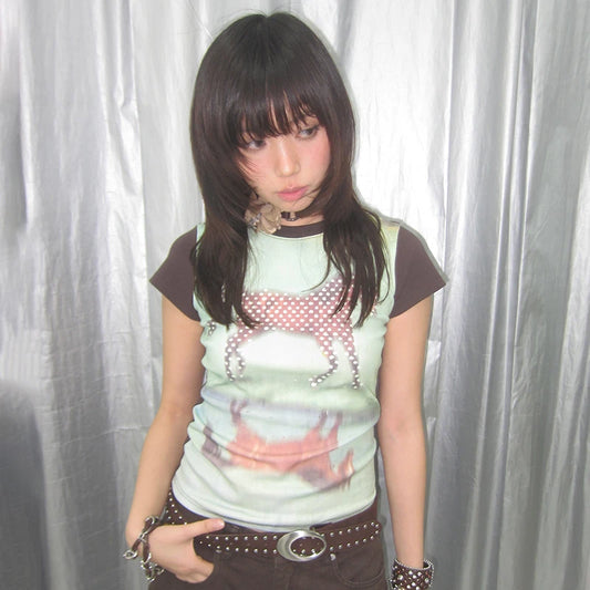 Chic Dollette Trashy Y2k Horse Print T-shirt Grunge Aesthetics Short Sleeve Patchwork Tops Vintage 2000s Streetwear American Retro 90s