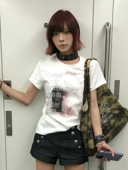 Chic Dollette Y2k Vintage Top Short Sleeve Aesthetic 2000s Rhinestone Print T-shirt Women American Retro Graphic Tees Streetwear