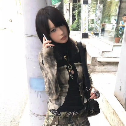 Chic Dollette Vintage T-Shirt Patchwork Langarm Skinny T-Shirt Streetwear Grunge Top Batikknoten-Shirt 2000er