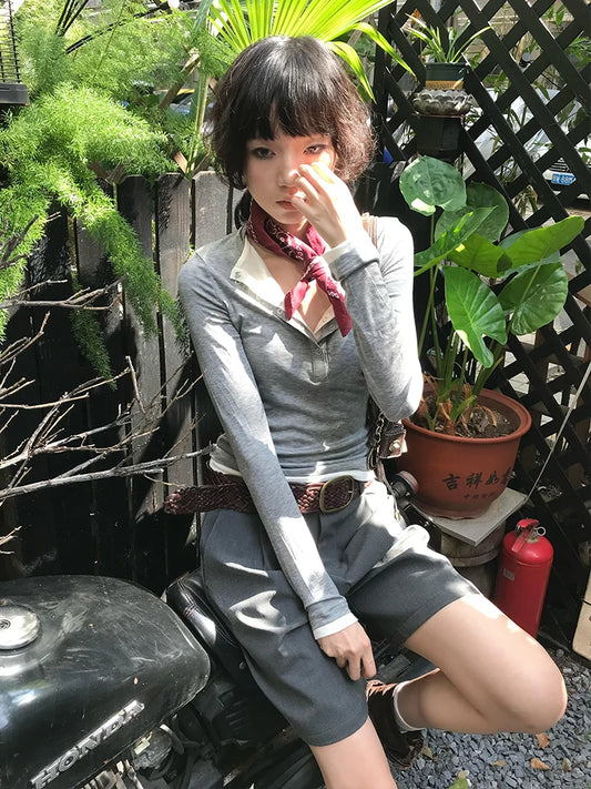 Haut à manches longues Chic Dollette japonais T-shirt patchwork fausses deux pièces style rétro américain Grunge haut T-shirt streetwear