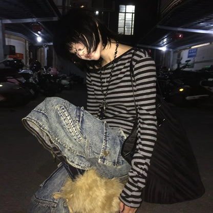 Chic Dollette T-shirt japonais à manches longues, débardeur court rayé à épaules dénudées, style grunge années 2000, streetwear