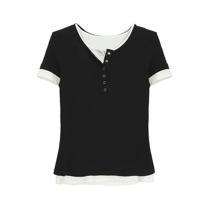 Chic Dollette  Vintage T Shirt Patchwork Short Sleeve Crop Top 2000s Japanese T-shirts Grunge Top American Retro Tee Top