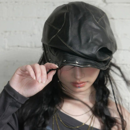 Chic Dollette Rivet Punk Leather Beret