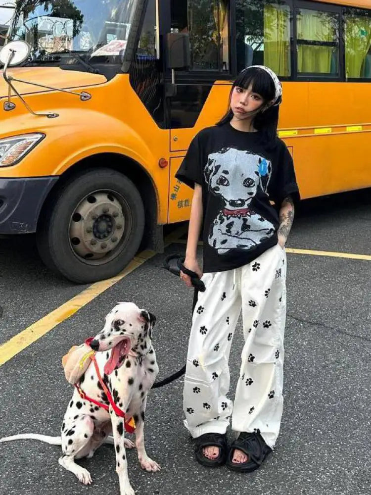 Chic Dollette Streetwear Lässiges Top Print Hunde T-Shirt Loose O-Ausschnitt Kurzarm-T-Shirt 2000er Kleidung Koreanische Mode Damenbekleidung