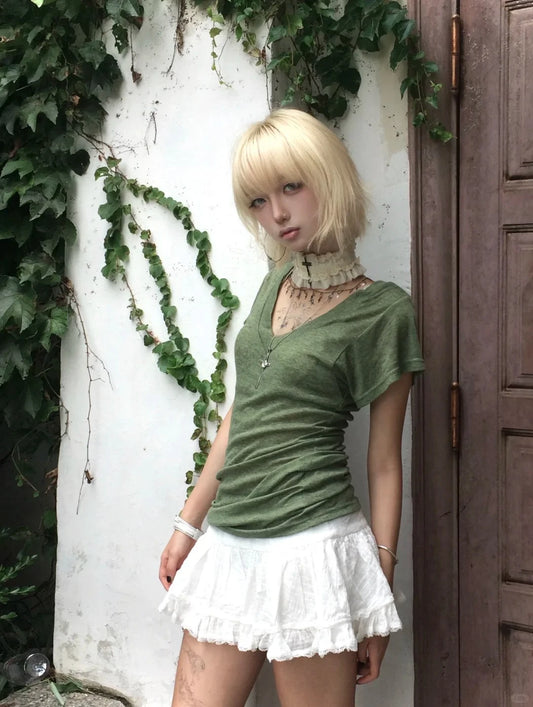 Chic Dollette   Japanese T-shirt Short Sleeve Green Solid Tee Top V Neck Streetwear Korean 2000s Tshirts Summer Grunge Top