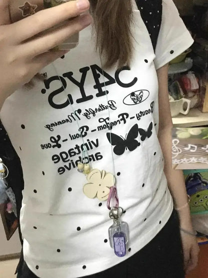 Chic Dollette Lässiges geblümtes Grafik-T-Shirt Kurzarm-Print 2000er Kleidung